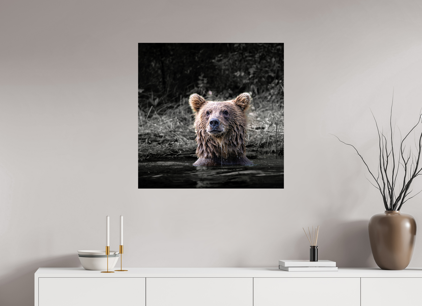 30 x 30″, Chroma Alert in the Wild: Brown Bear Cub in Water’s Edge
