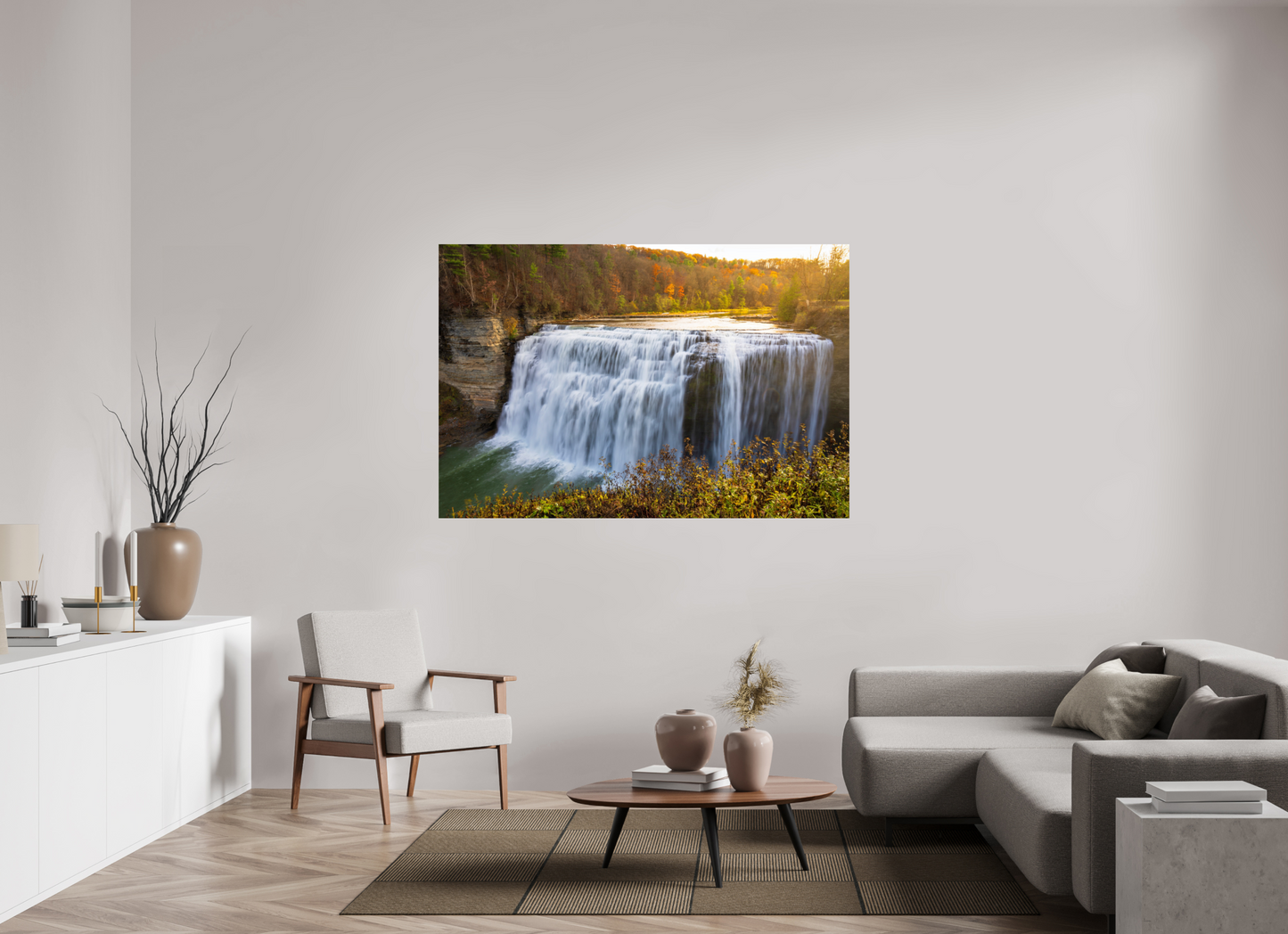 66 x 44″, Chroma Autumn Waterfall at Sunset