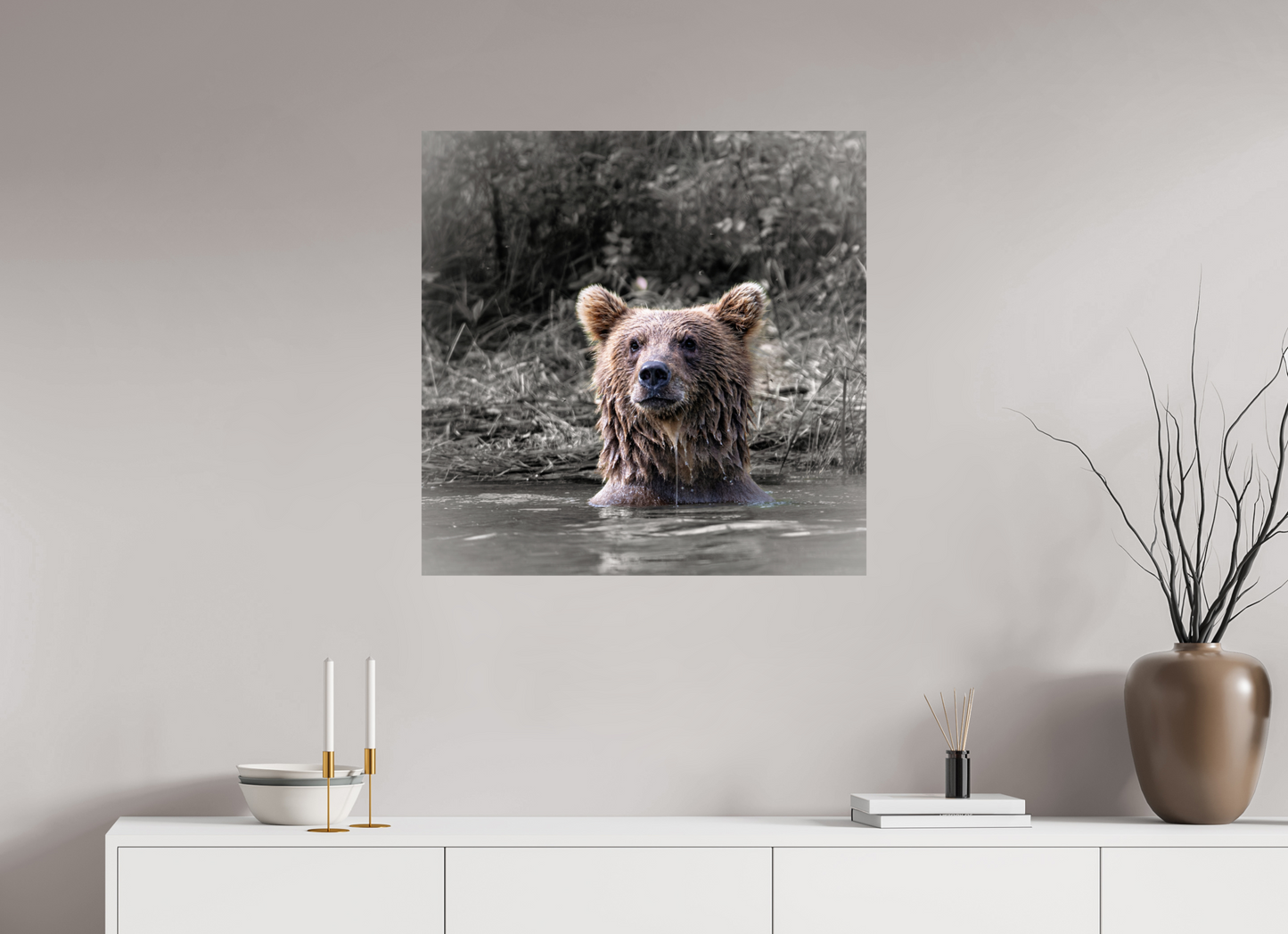 30 x 30″, Chroma Bear Cub Hoping Mom has some fish for him
