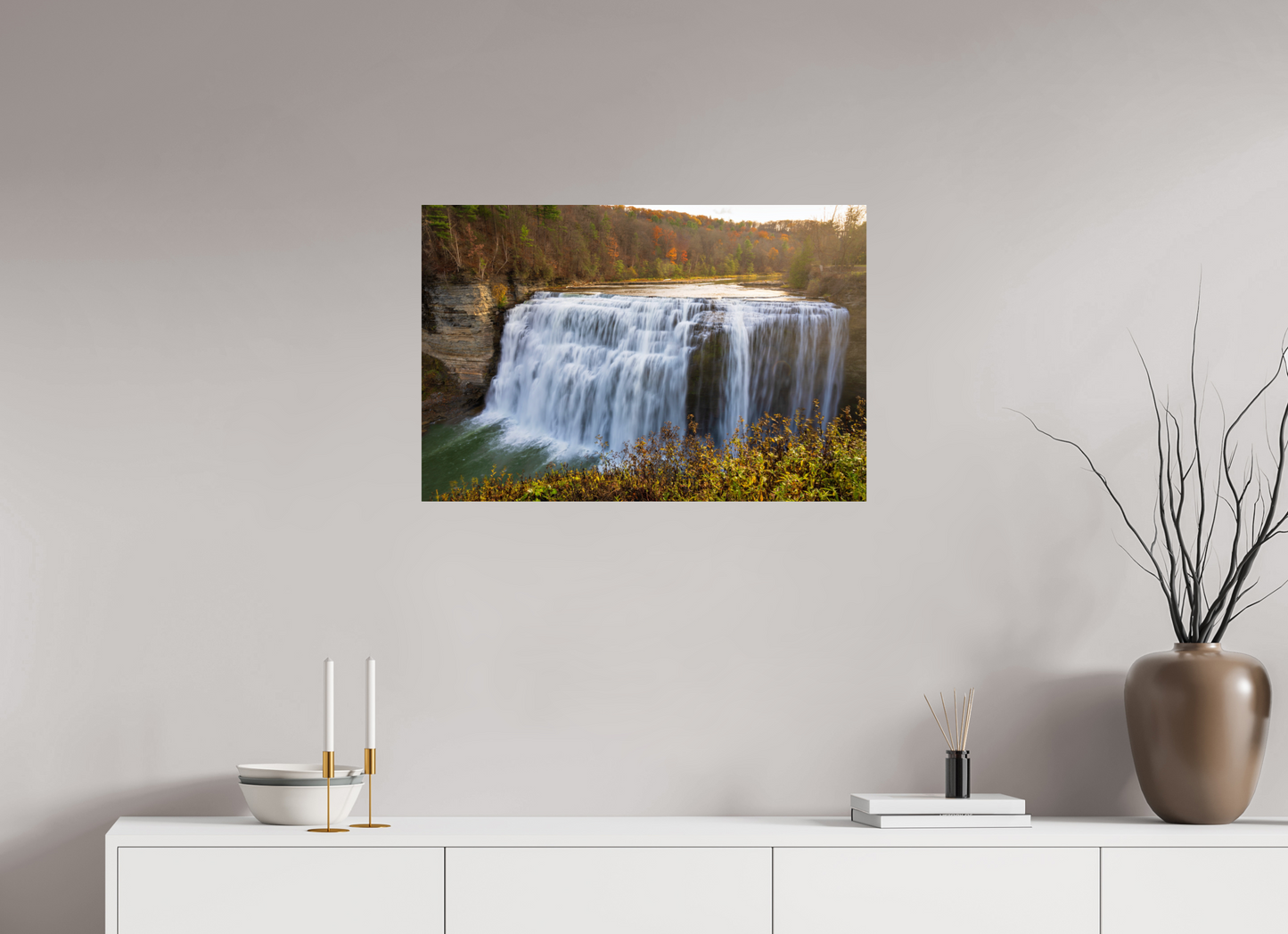 30 x 20″, Chroma Autumn Waterfall at Sunset