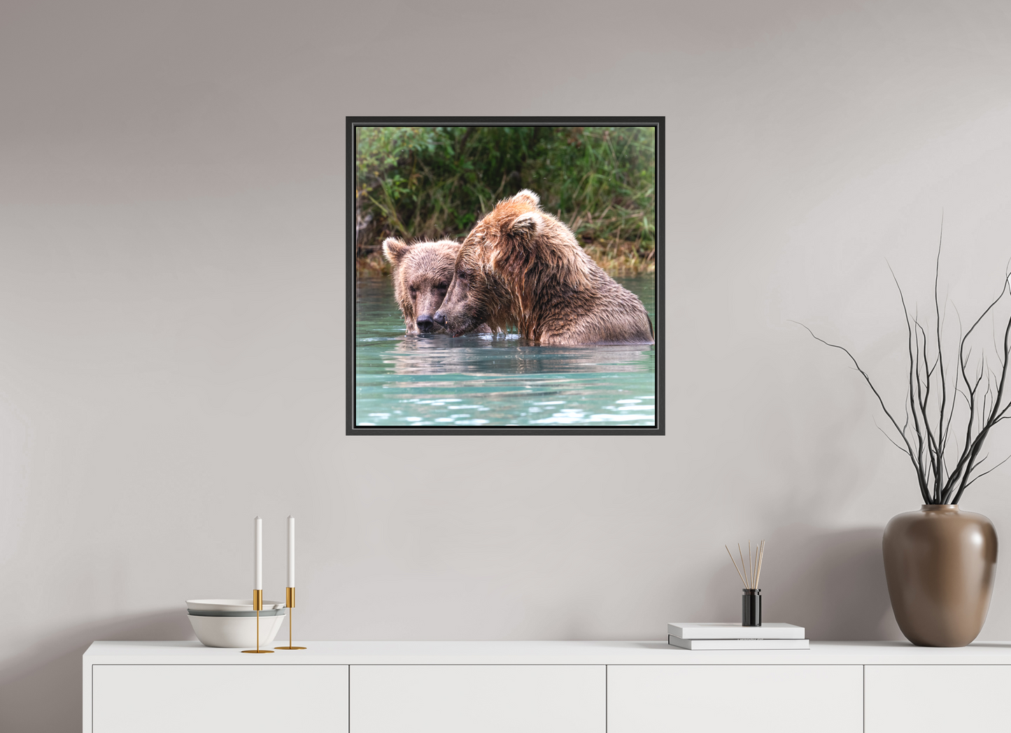 25 x 25″, Framed Mama and Cub having a moment