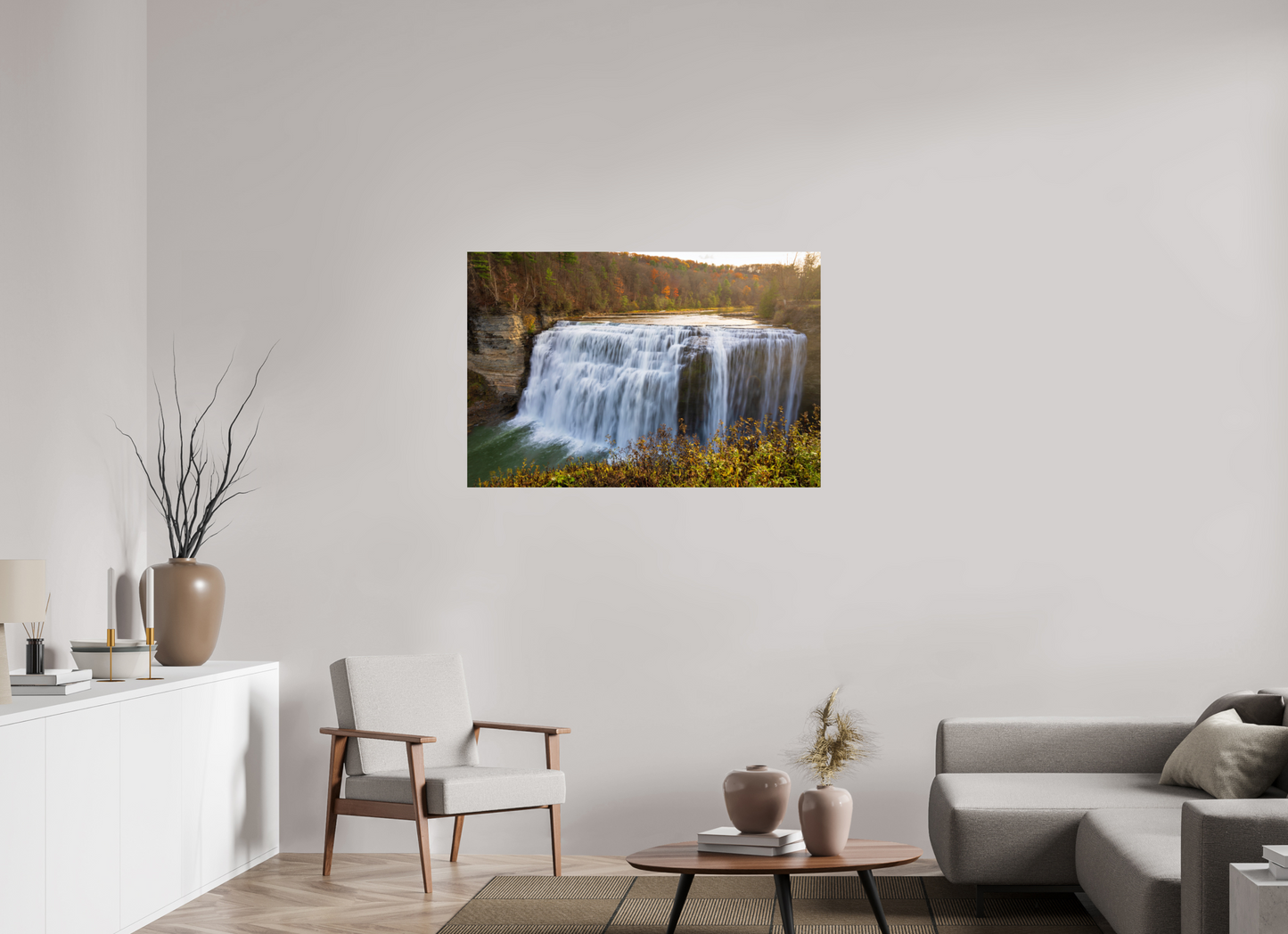 45 x 30″, Chroma Autumn Waterfall at Sunset