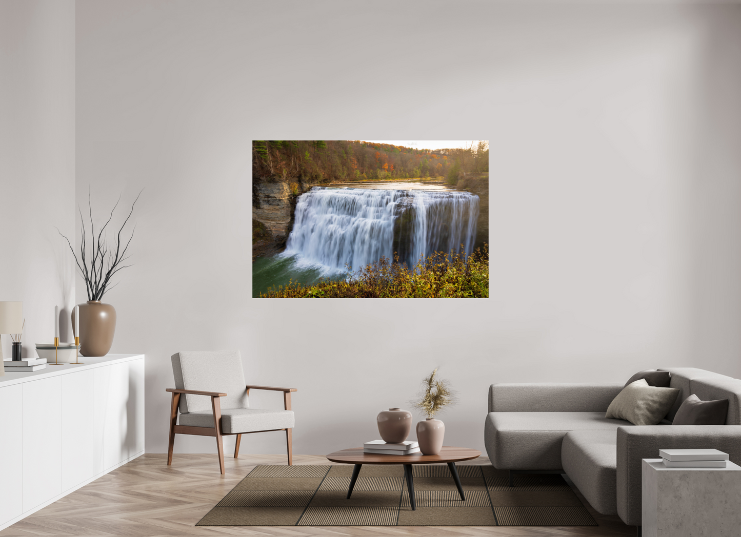 66 x 44″, Chroma Autumn Waterfall at Sunset