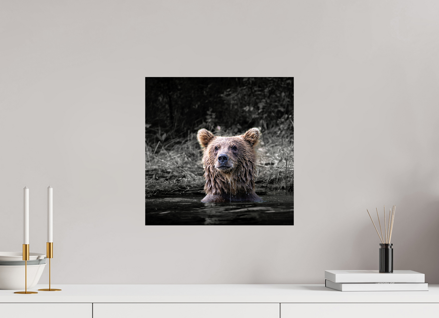 15 x 15″, Chroma Alert in the Wild: Brown Bear Cub in Water’s Edge