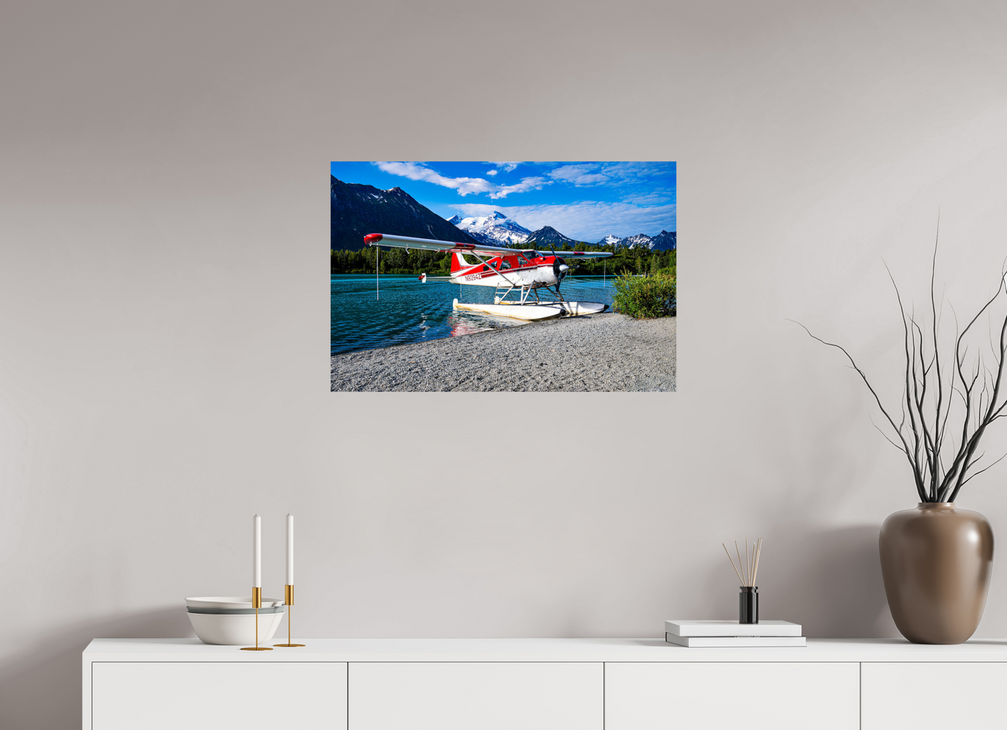 30 x 20″, Photo Print On Fuji Crystal DP II Seaplane docked on the Beach