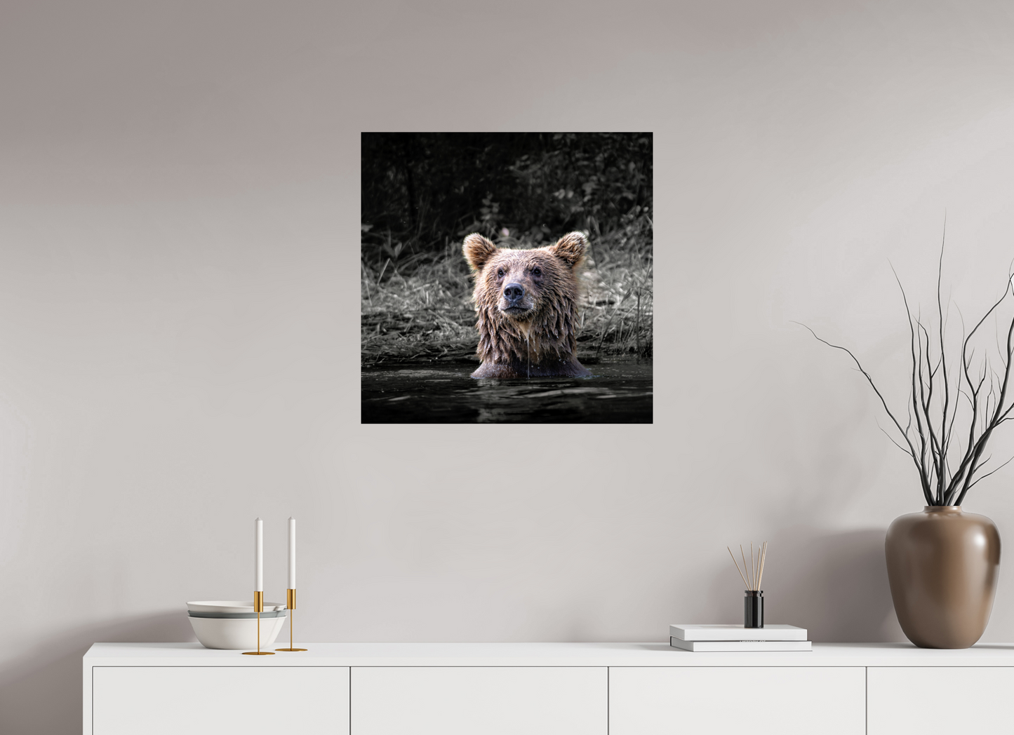 25 x 25″, Chroma Alert in the Wild: Brown Bear Cub in Water’s Edge